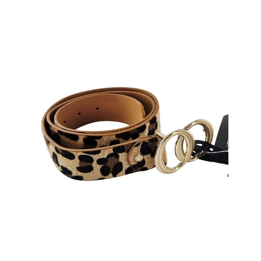 Kendall + Kylie Leopard Print Faux Fur Belt Gold‎ Double Circle Buckle M/L NEW